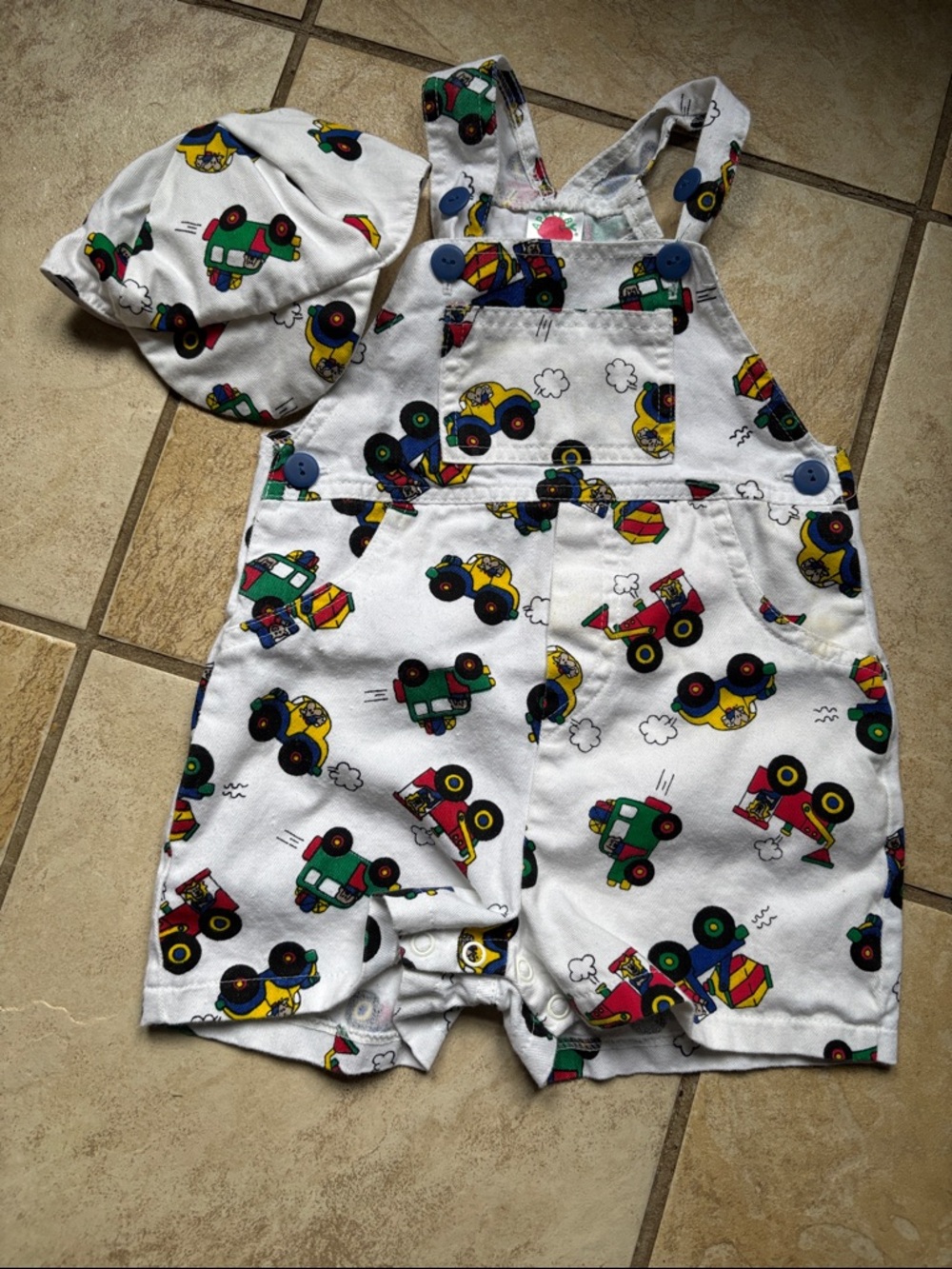 Vintage White Baby Overalls & Hat with Colorful Truck Print